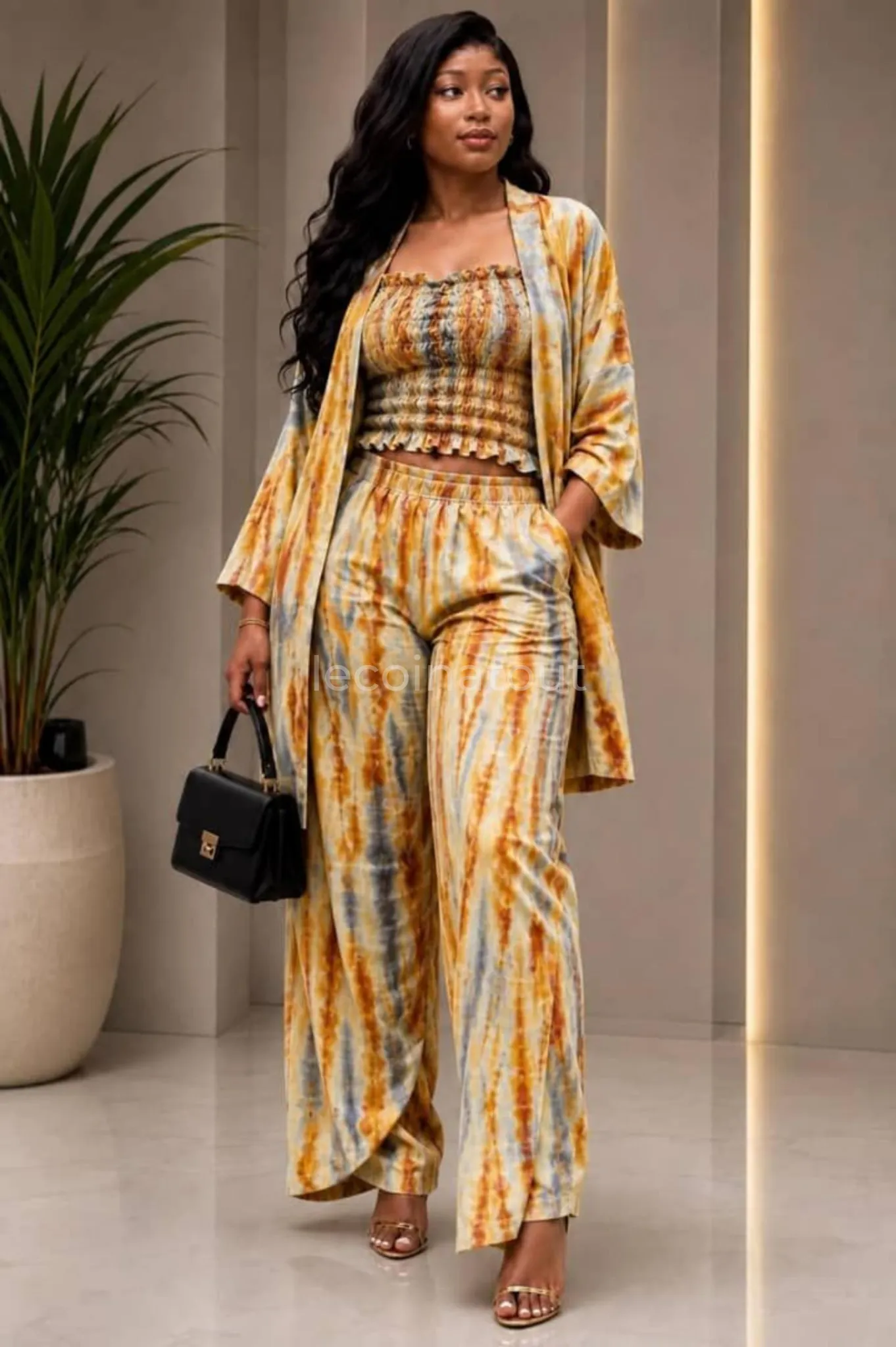 Ensemble 3 Pièces Tie-Dye Tendance – Kimono, Crop Top Bustier & Pantalon Fluide — photo 3, Rufisque