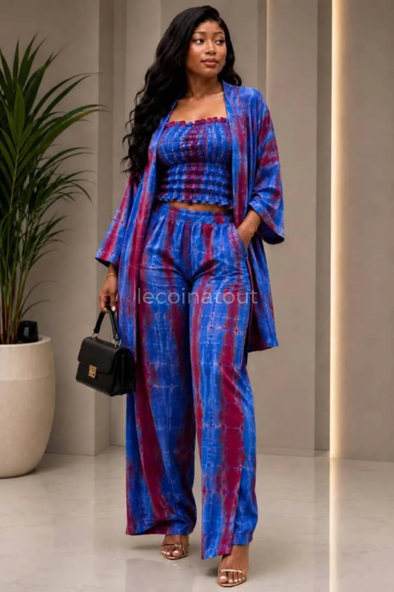 Ensemble 3 Pièces Tie-Dye Tendance – Kimono, Crop Top Bustier & Pantalon Fluide — photo 4, Rufisque