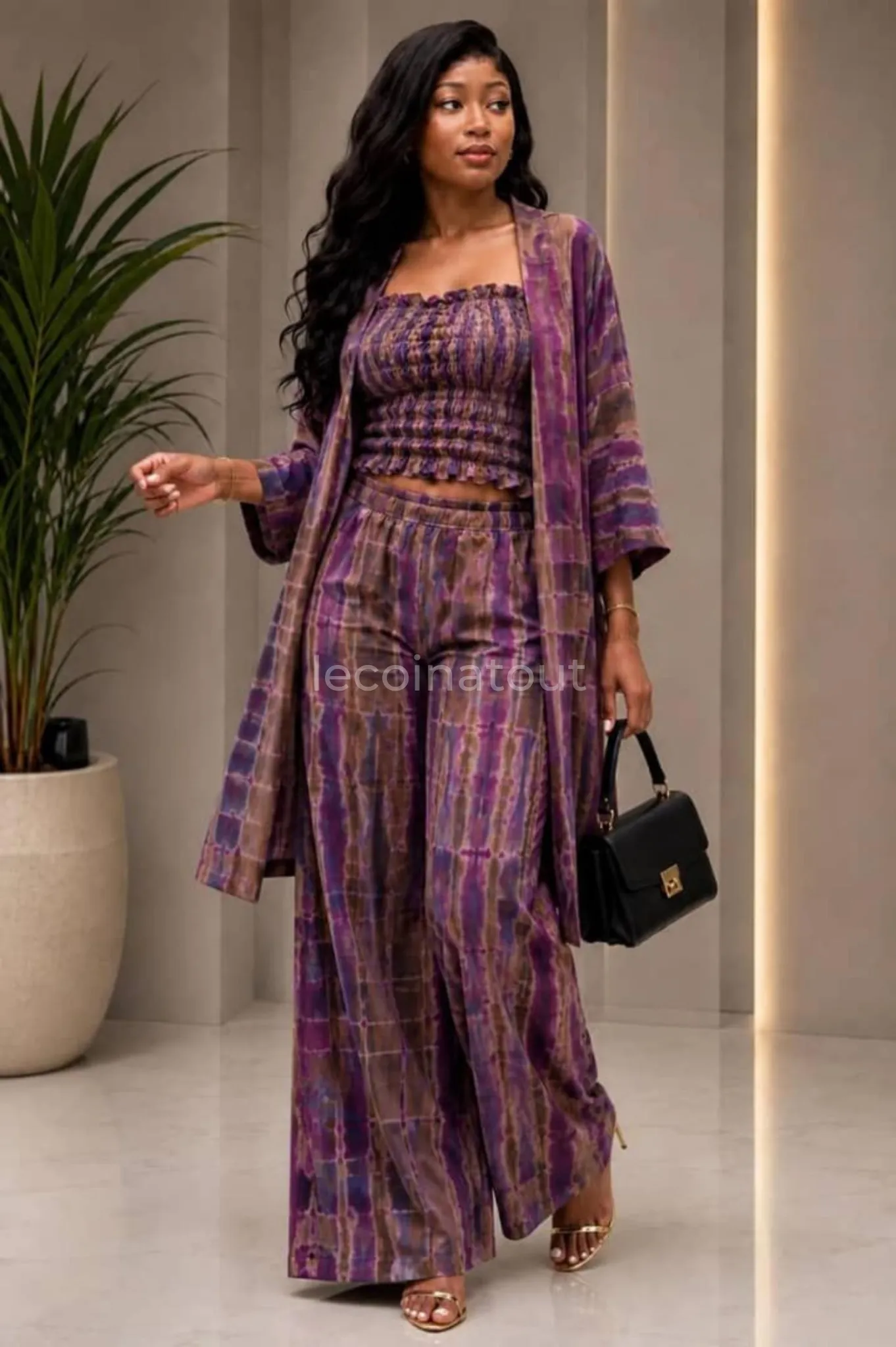 Ensemble 3 Pièces Tie-Dye Tendance – Kimono, Crop Top Bustier & Pantalon Fluide — photo 2, Rufisque