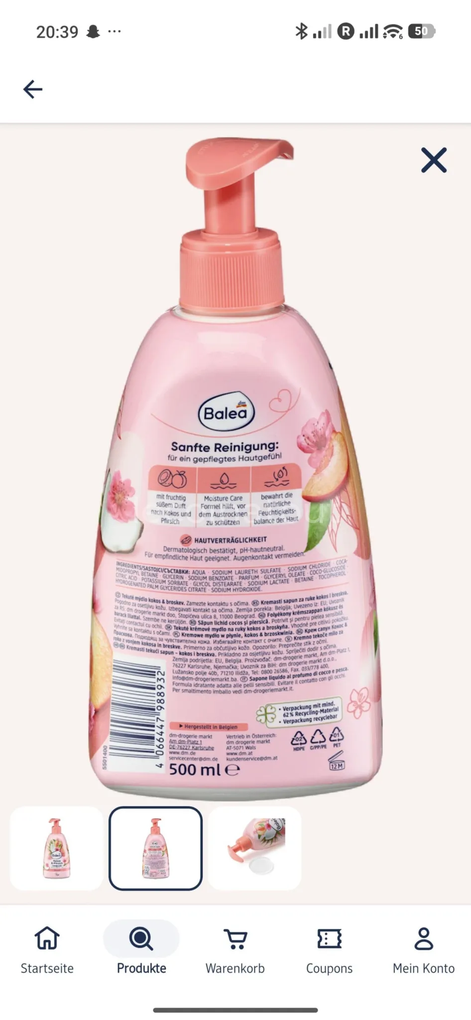 Crème Lavante Mains Balea Noix de Coco & Pêche 500 ml - Neuf — photo 2, Dakar