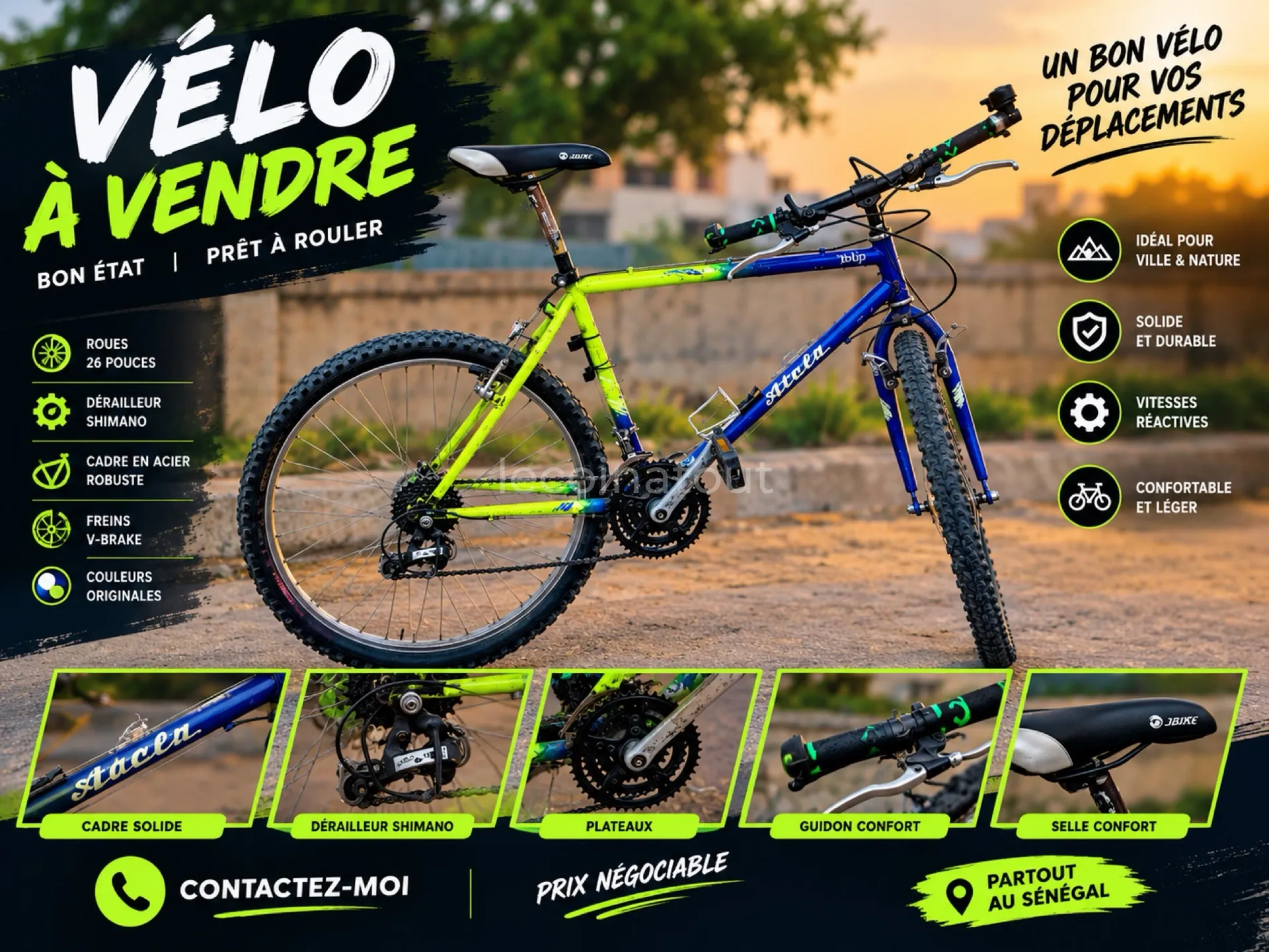 🚲 VTT À VENDRE – BON ÉTAT Vélo tout-terrain avec un design sportif et des couleurs bleu et vert très originales. ✅ Cadre robuste ✅ Pneus tout-terrain à crampons ✅ Freins sur jante ✅ Dérailleur arrière ✅ Plusieurs vitesses ✅ Selle confortable ✅ Idéal po — photo 1, Dakar